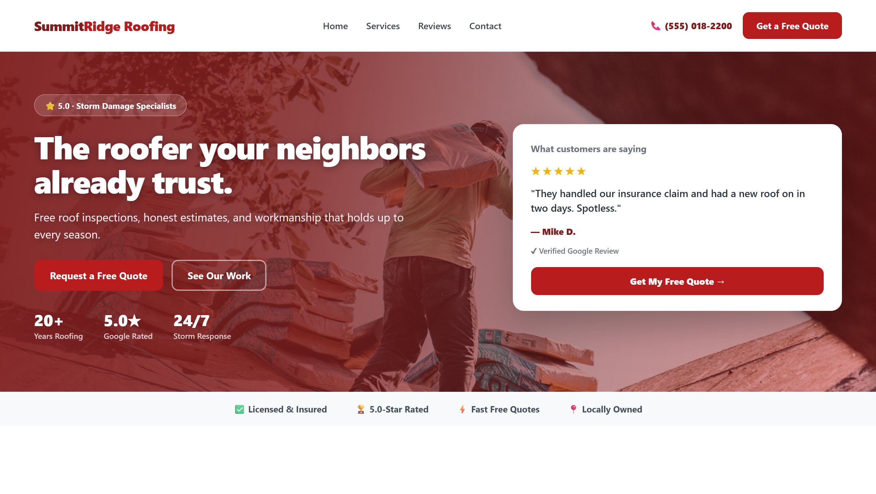 Example roofing contractor website design